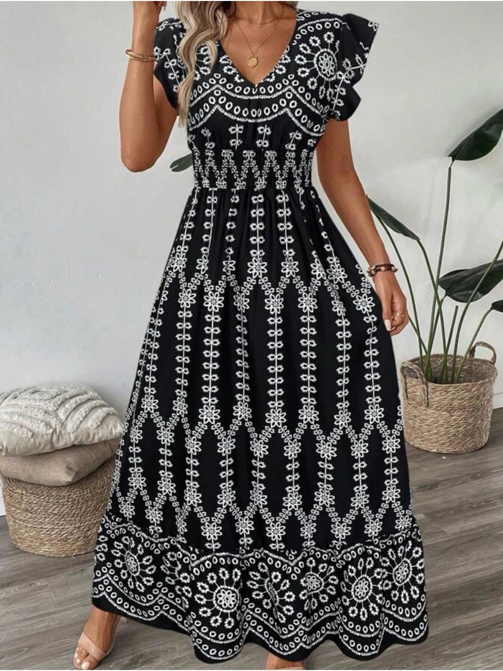 SHEIN Black Maxi Dress with White Embroidered Print